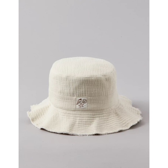 OS American Eagle Seashell Patch Beachy Bucket Hat In Cream 100% Cotton NWT - Picture 6 of 6